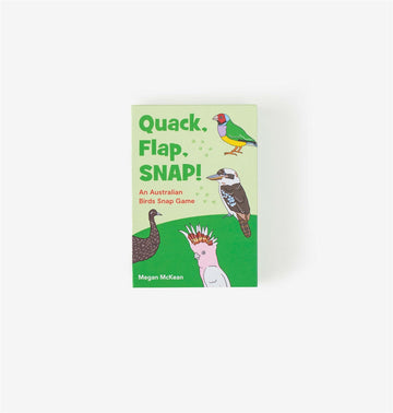 Quack, Flap, SNAP! card game featuring 13 native Australian birds, including the cassowary, kookaburra, and rainbow lorikeet, with vibrant designs and large cards for little hands.