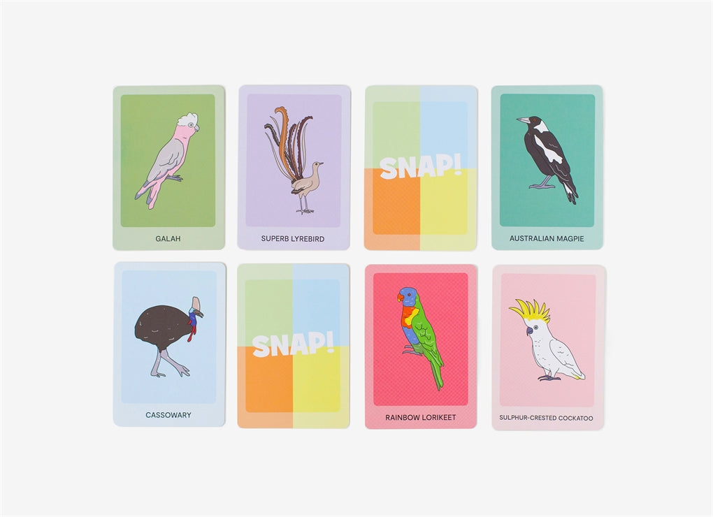 Quack, Flap, SNAP! card game featuring 13 native Australian birds, including the cassowary, kookaburra, and rainbow lorikeet, with vibrant designs and large cards for little hands.