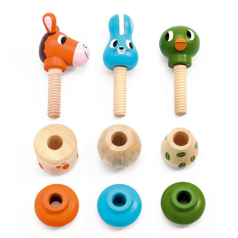 Flat lay of Djeco Rondanimo screw toy showing separate wooden animal parts including heads, torsos, and bases with visible screw components for toddler assembly.