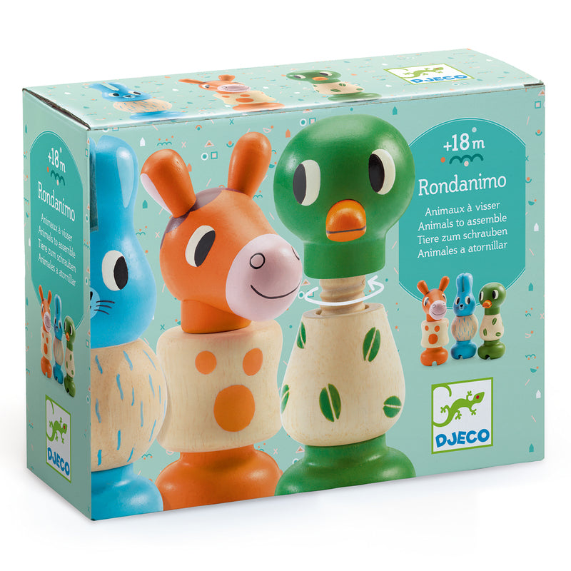 Djeco Rondanimo Wooden Screws box displaying the three colourful animal characters on the front, highlighting the toy's playful design and age recommendation of 18 months+.