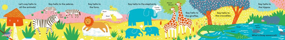 Panoramic spread of the fold-out safari scene inside Tummy Time – Safari, showing a playful array of animals like elephants, lions, zebras, giraffes, and hippos in a colourful grassy landscape with a watering hole and trees.