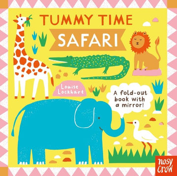 Fold-out tummy time book with a safari scene, animal faces, and a mirror, designed for babies.