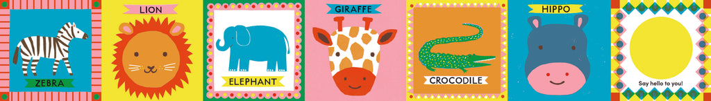 Interior view of the Tummy Time – Safari book showing illustrated squares with colourful safari animals such as a zebra, lion, elephant, crocodile, hippo, and a yellow sun, each bordered in vibrant patterns.