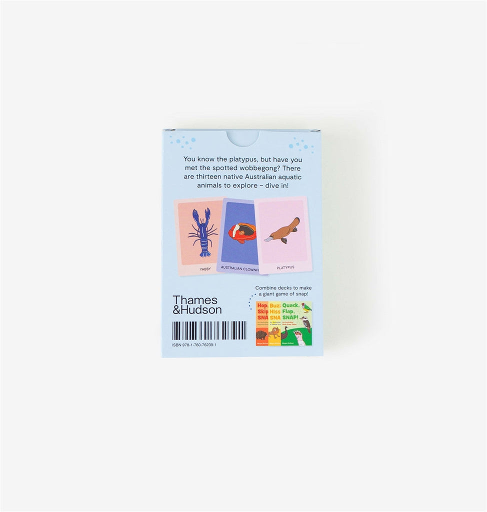 Splish, Splash, SNAP! card game featuring 13 native Australian aquatic animals, including the platypus, spotted wobbegong, and weedy seadragon, with vibrant designs and large cards perfect for children.