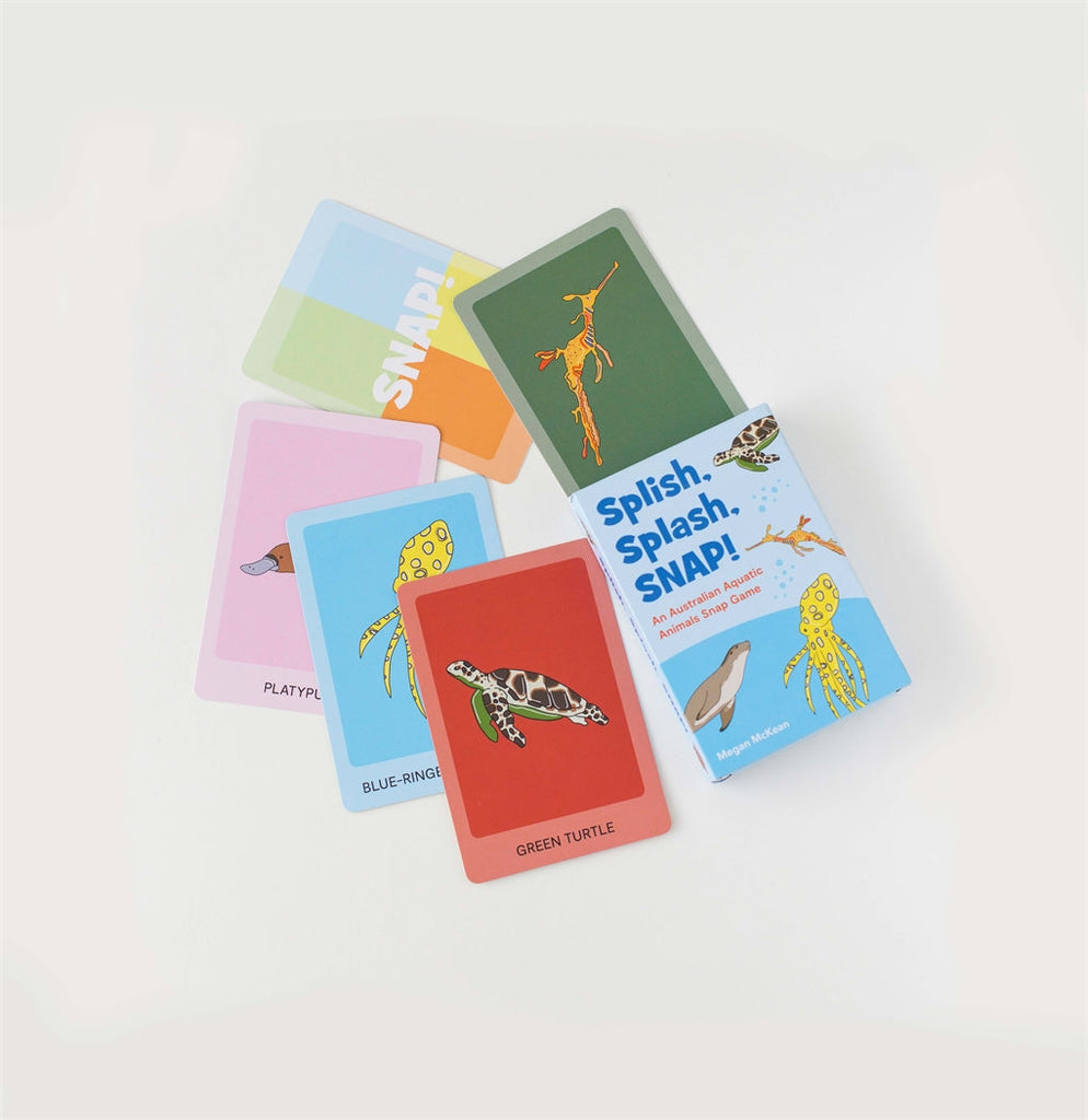 Splish, Splash, SNAP! card game featuring 13 native Australian aquatic animals, including the platypus, spotted wobbegong, and weedy seadragon, with vibrant designs and large cards perfect for children.
