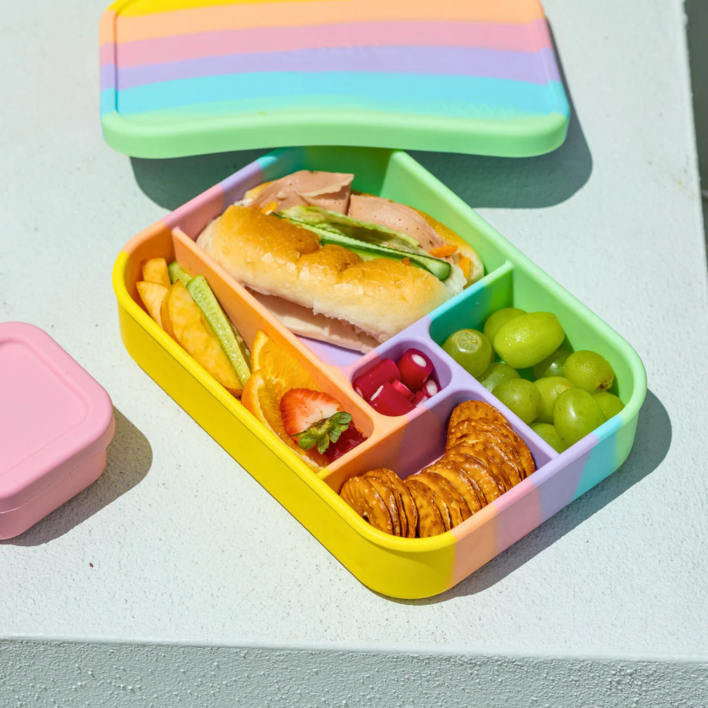 Bento Lunchbox in rainbow Splice colour showing five compartments packed with a sandwich, fruit, and snacks – ideal for school or work lunches.