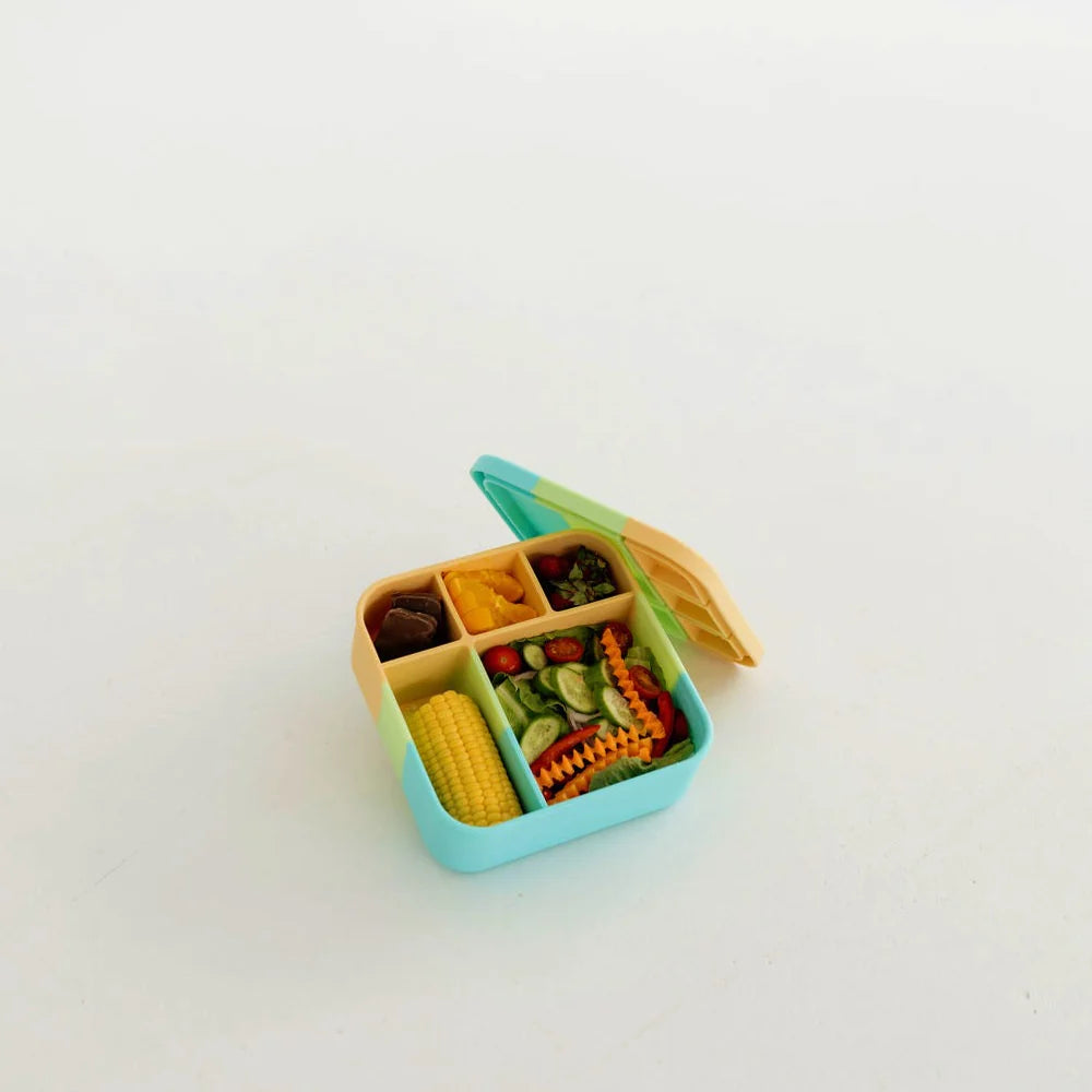 Overhead view of a packed Big Bento Lunchbox on a neutral background—drop-proof and dishwasher safe, perfect for everyday use.