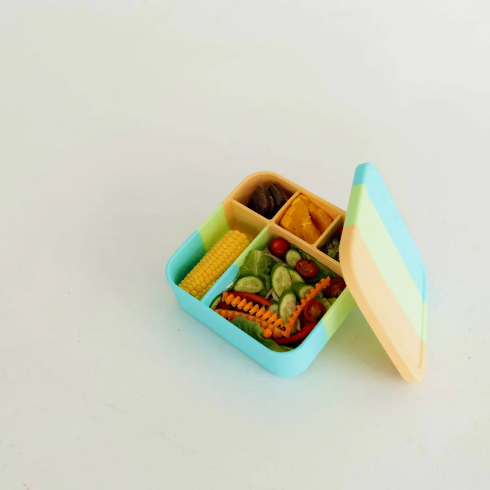 Big Bento box shown from above, open with lid beside it—reusable, microwave-safe lunchbox ideal for healthy packed meals.