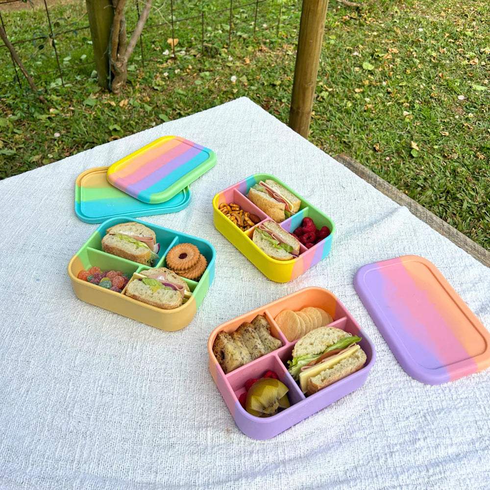 Open Zero Waste People Midi Box in Splice colourway filled with sandwiches and snacks on a picnic table—sustainable lunchbox for kids and adults.