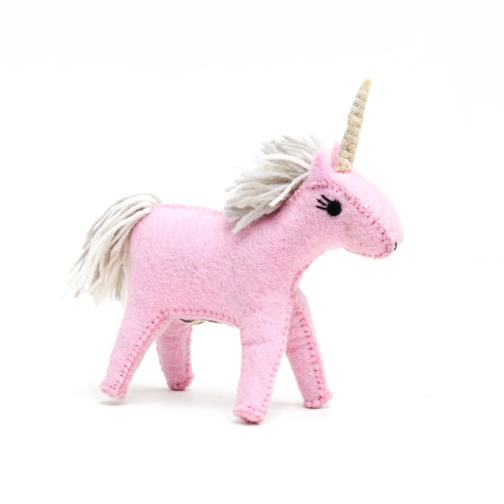 Front-facing pink felt unicorn toy with light grey mane, white tail, and golden horn, handmade by Tara Treasures.