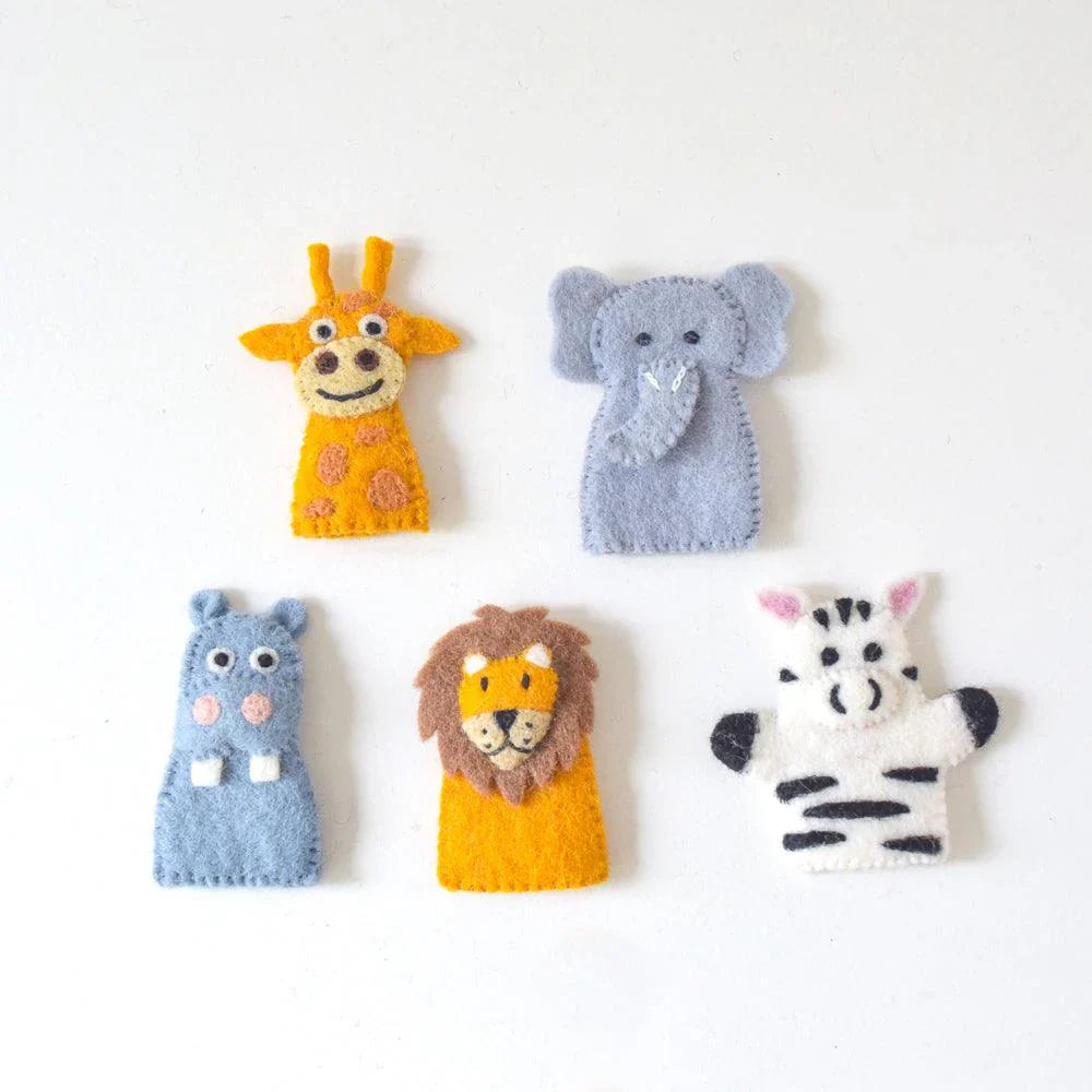 Safari animal felt finger puppets — giraffe, elephant, lion, zebra, and hippo — laid flat on a neutral background for clear viewing.