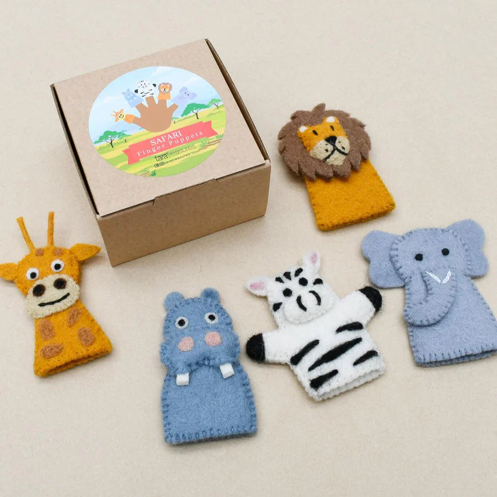 Set of five safari felt finger puppets arranged next to a decorative cardboard storage box with jungle-themed artwork.