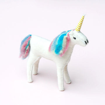 Small white felt unicorn toy with rainbow mane and golden horn, standing on a plain background.