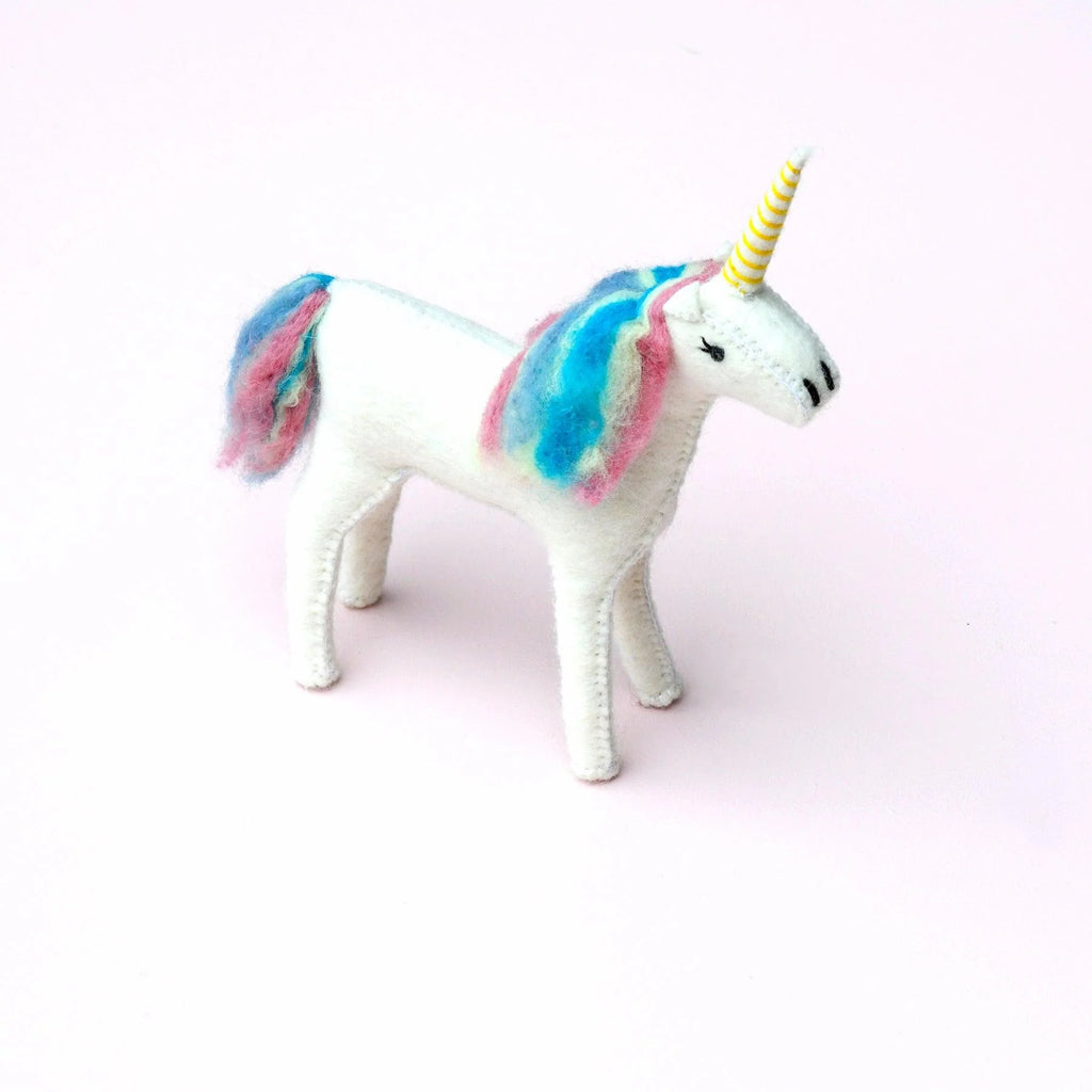Front angle of small unicorn toy showcasing soft felt texture and colourful detailing.