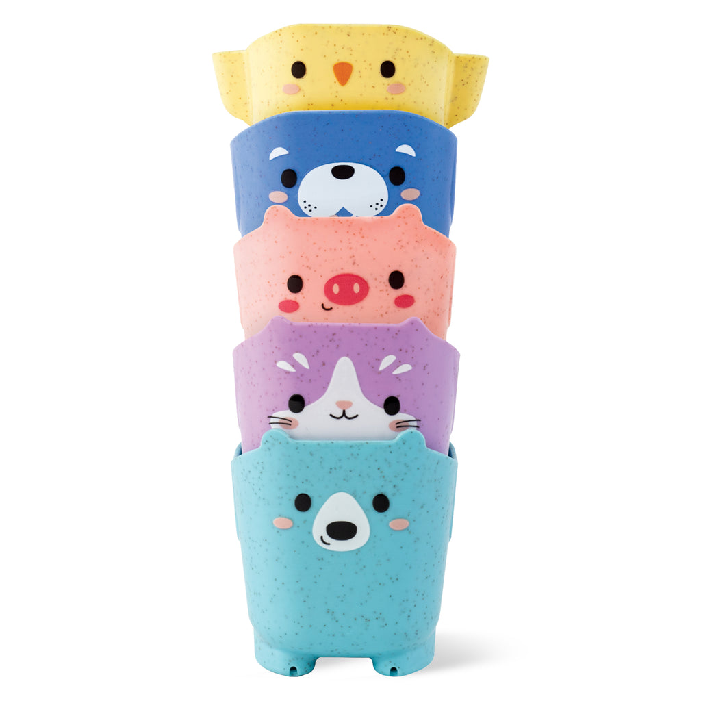 Five animal cups stacked in a tower: bear, dog, cat, chicken, and pig, showing how kids can mix and match colourful stacking combinations during play.