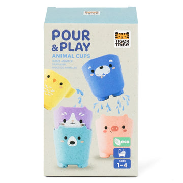 Pour & Play Animal Cups packaging showing five colourful animal characters on the front—dog, cat, chicken, pig, and bear—designed for bath fun ages 1–4.