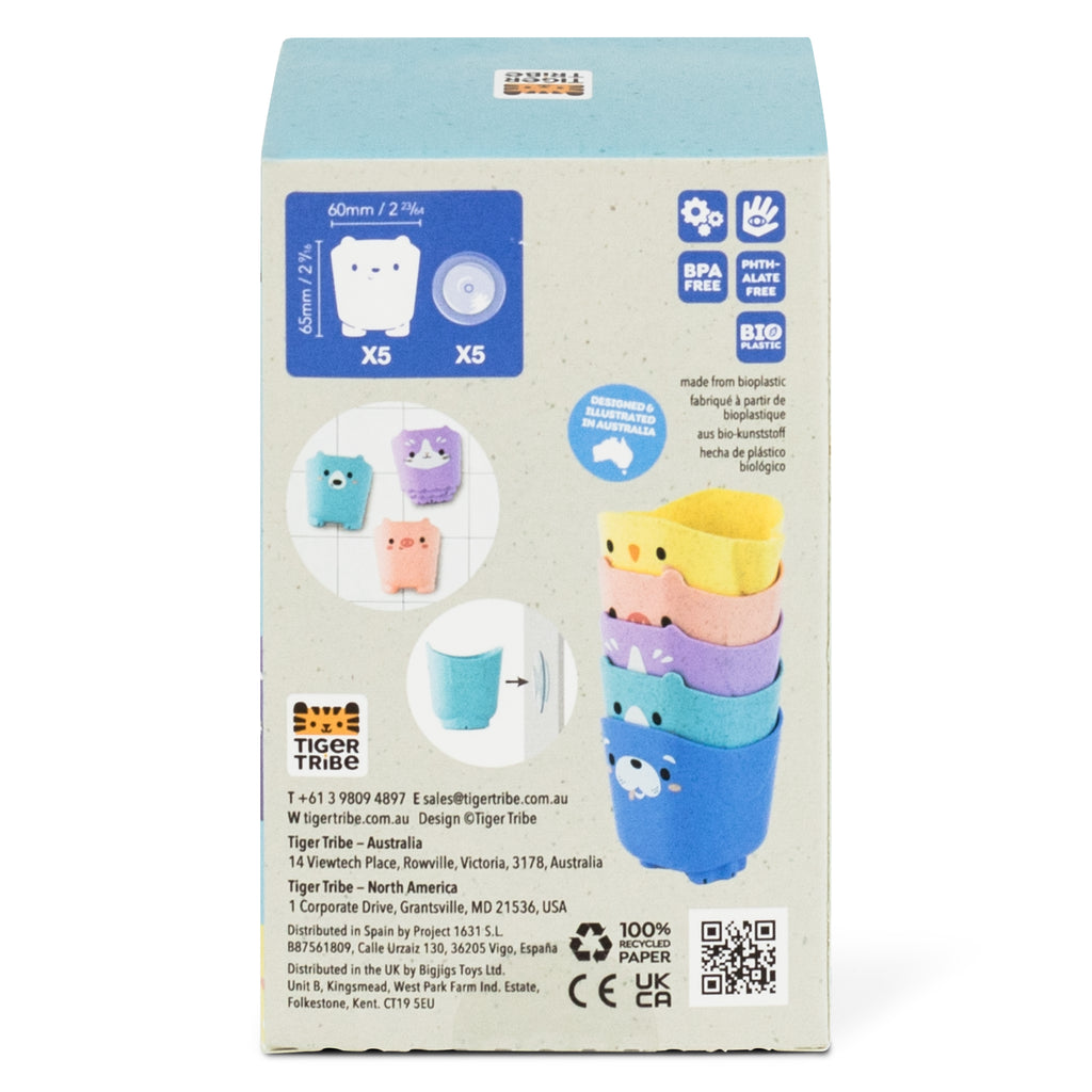 Back of the packaging showing stacking, pouring, and suction features, as well as included cups and suction bases for creative bath time play.