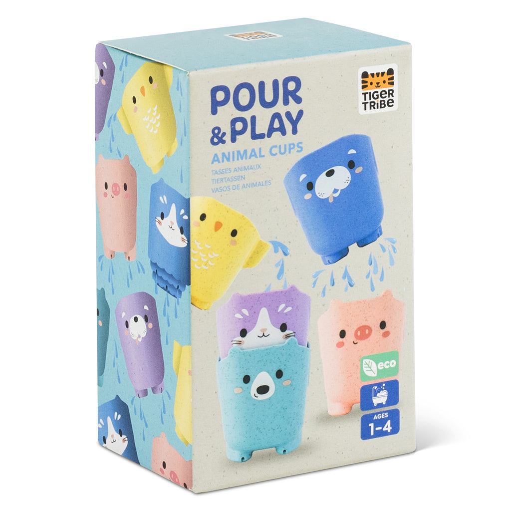 Side view of Pour & Play box with bright pastel design and illustrations of each animal cup, part of Tiger Tribe’s eco-friendly bath toy range.