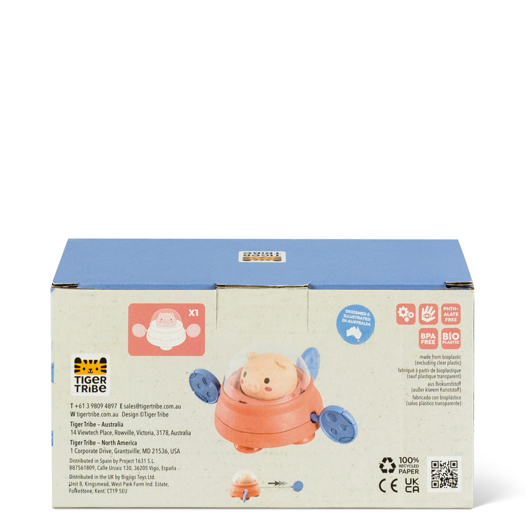 Back of Bath Paddle Ship packaging showing how the toy works—pull-string paddle system, water-safe design, and age suitability from 18 months+.