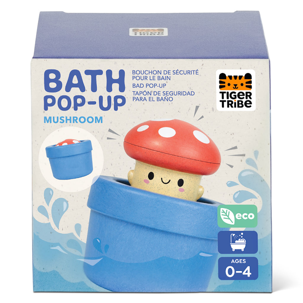 Bath Pop-Up Mushroom toy in eco-friendly packaging, featuring a red mushroom character in a blue pot with a smiling face, for ages 0–4.