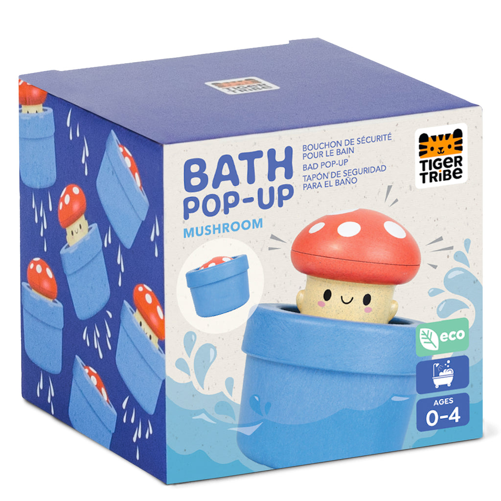 Side view of Bath Pop-Up Mushroom packaging with vibrant bath-themed illustrations and information about its water-activated surprise feature.