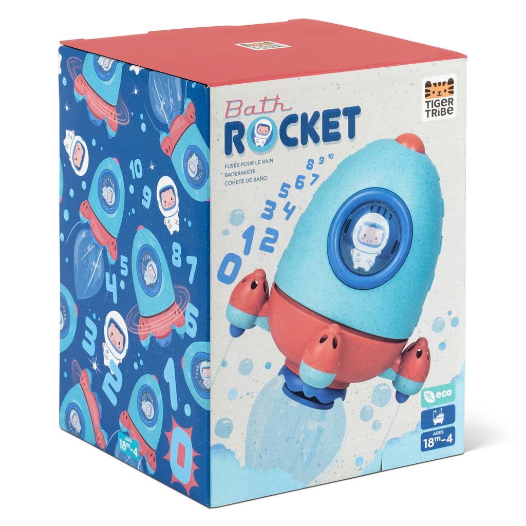 Side view of Bath Rocket box showing fun cartoon graphics and safety icons, highlighting the toy’s eco construction and water play features.