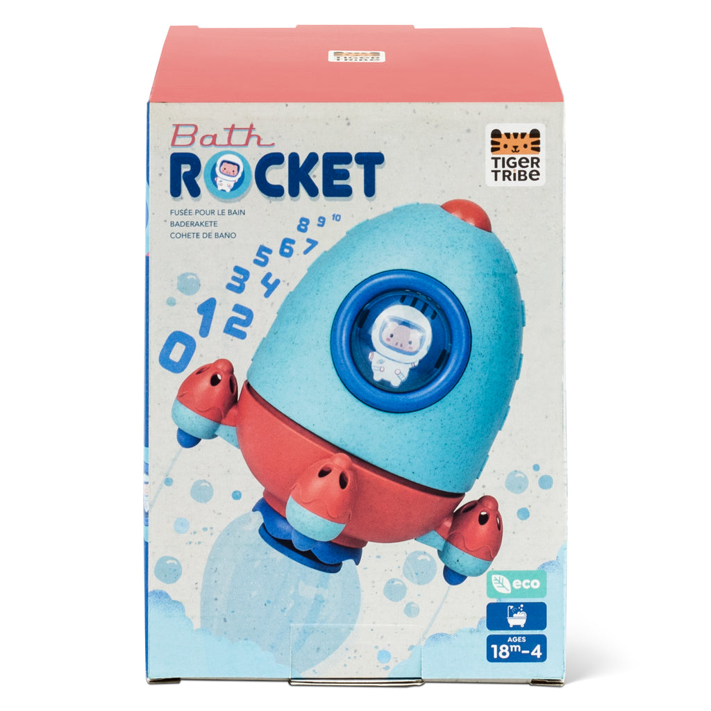 Bath Rocket ECO toy in packaging featuring a blue and red rocket design with a clear dome top, made from bioplastic and ideal for bath play from 18 months+.