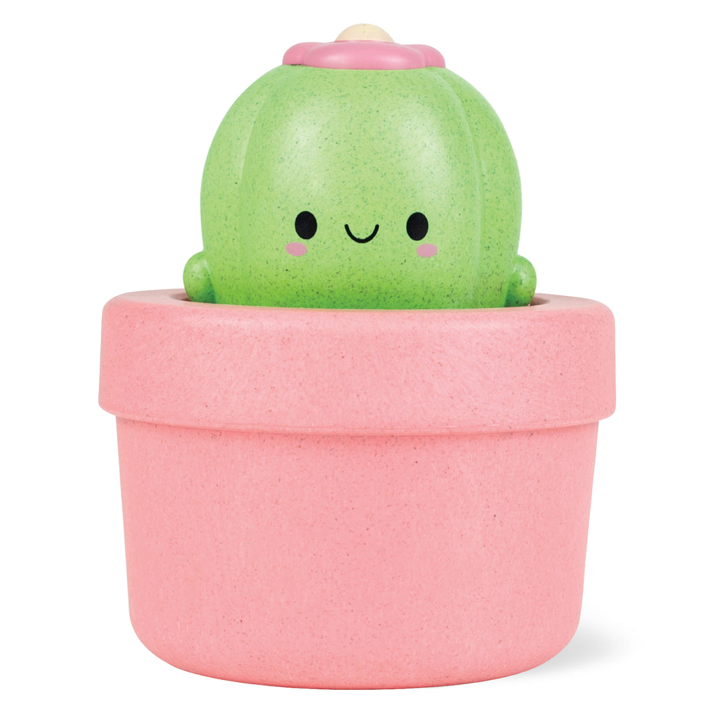 Close-up of the Bath Pop-Up toy out of packaging with cactus character popped up from the pink pot, ready for water play.