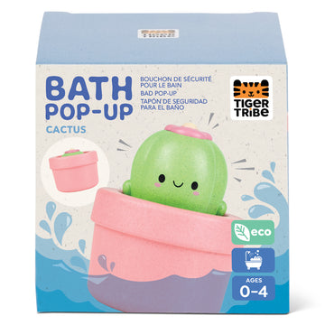 Bath Pop-Up Cactus toy in packaging, featuring a cheerful green cactus character in a pink pot, part of Tiger Tribe’s eco-conscious bath toy range for ages 0–4.