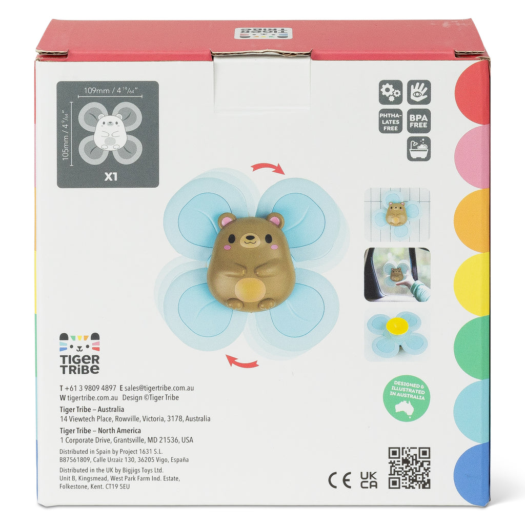 Back of Bear Sensory Spinner box with illustrated features and safety icons, displaying suction cup, BPA-free materials, and Australian safety compliance.