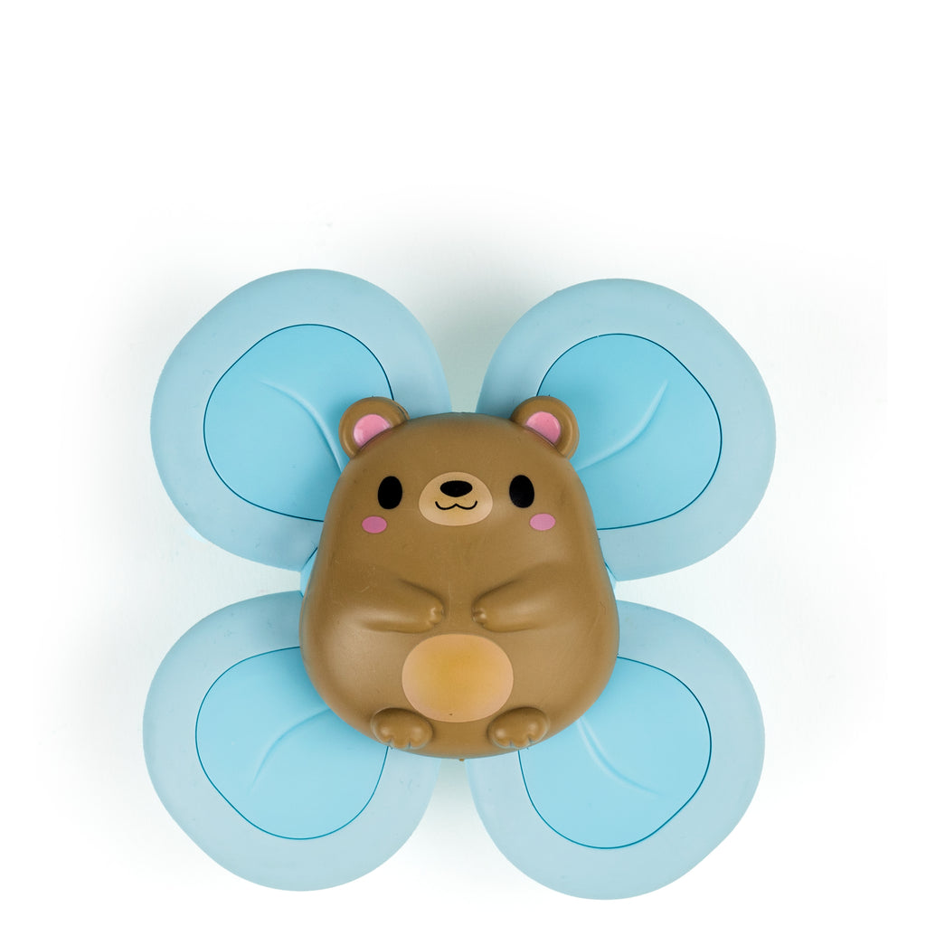 Close-up of the Bear Sensory Spinner featuring a smiling brown bear at the centre of four blue paddle-shaped spinner arms, designed for tactile, visual, and fine motor play for babies aged 6 months to 2 years.