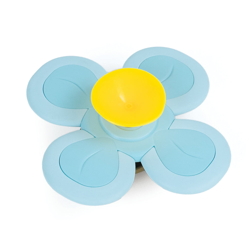 Close-up of the Bear Sensory Spinner out of packaging showing the four blue paddles and yellow suction cup for smooth-surface play.