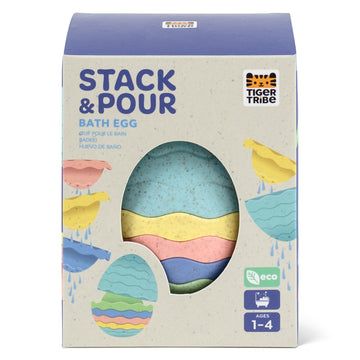 Stack & Pour Bath Egg in packaging, showing colourful layered egg design with 7 stackable cups, made from eco-friendly bioplastic for ages 1–4.