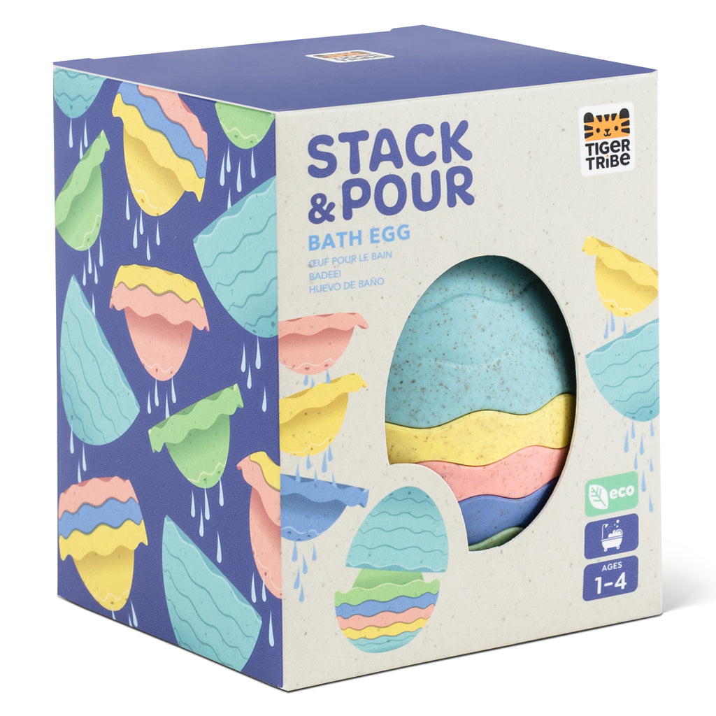 Side view of the Bath Egg box with vibrant illustrations of each colourful cup and information highlighting sensory water play and stacking features.