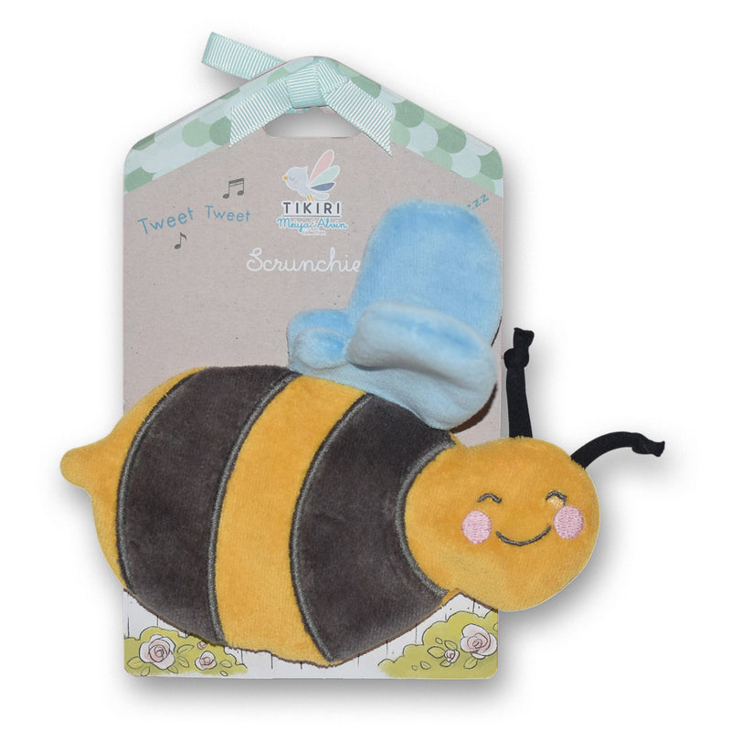 Bee scrunchie toy displayed in gift packaging with pastel accents, ideal as a newborn present or sensory toy for baby showers.