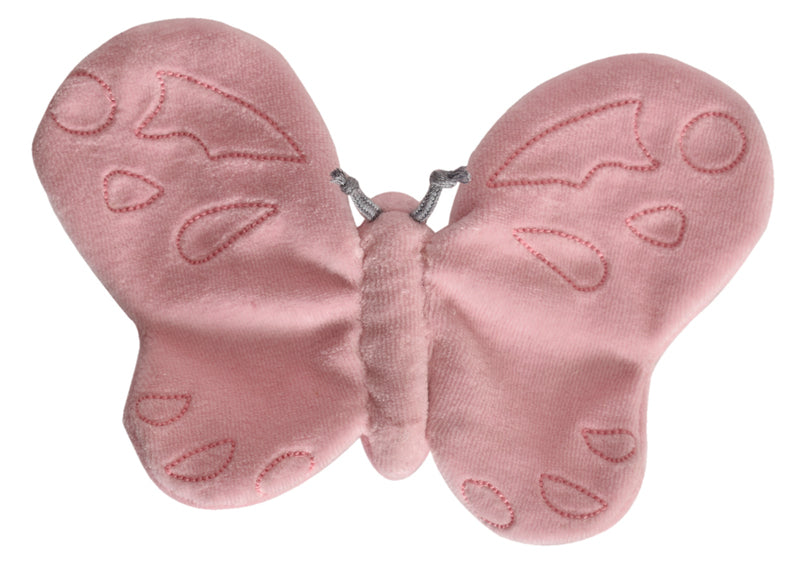 Pink butterfly-shaped crinkle scrunchie toy with stitched wing detail, made from 100% organic cotton, designed to stimulate newborn senses through texture and sound.