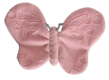 Pink butterfly-shaped crinkle scrunchie toy with stitched wing detail, made from 100% organic cotton, designed to stimulate newborn senses through texture and sound.
