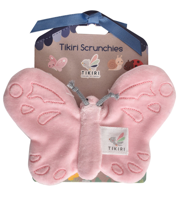 Butterfly Scrunchie Toy in retail packaging with soft pink tones, showcasing OE100 certification and newborn suitability for gifting or nursery use.