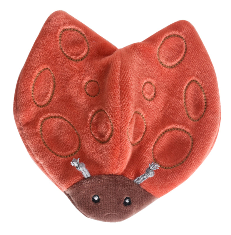 Ladybug-shaped scrunchie toy made from organic cotton in bright red with black detailing, featuring textured crinkle wings for baby sensory stimulation.