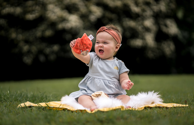 Smiling baby in a light grey dress playing with the red ladybug scrunchie toy on a white blanket in a grassy park, enjoying sensory exploration.
