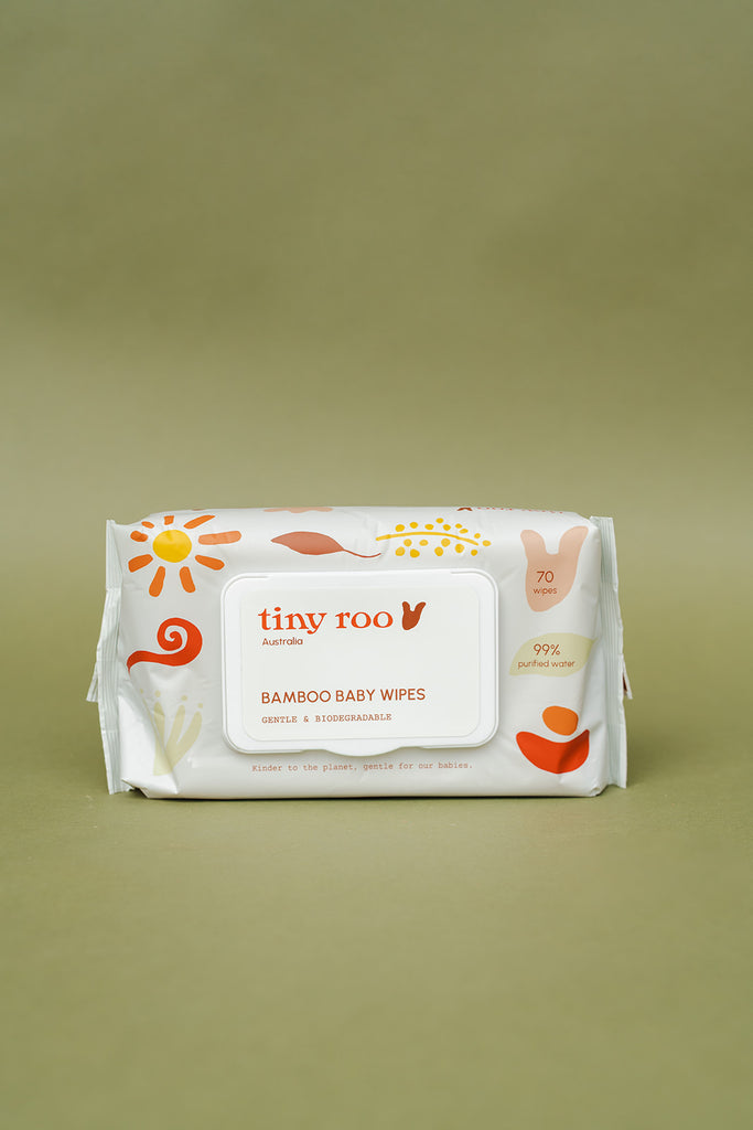 Front view of Tiny Roo bamboo baby wipes pack (70 wipes), featuring biodegradable packaging and gentle baby-safe formula with aloe and vitamin E.