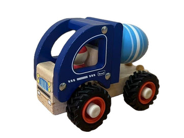 Blue wooden concrete mixer truck toy with rotating drum and chunky wheels, designed for toddlers aged 18 months and up.