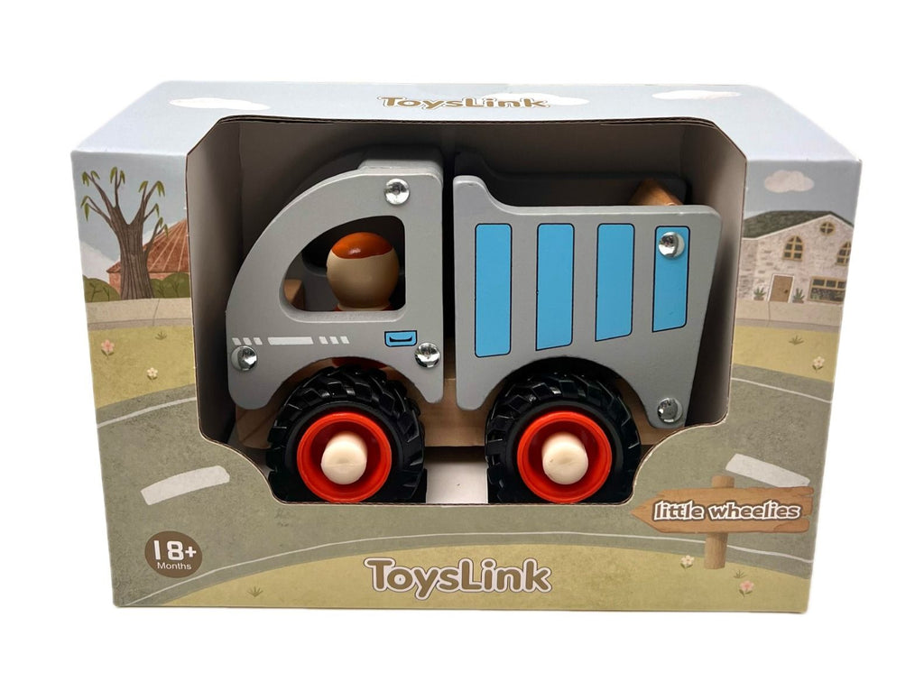 Wooden toy truck in a 'Toys Link' box with a scenic background