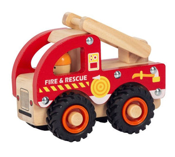 Red wooden fire engine toy with black wheels and ladder detail, designed for toddlers aged 18 months and up.