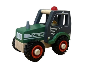 Green wooden tractor toy with chunky black wheels and lifelike detailing, designed for toddlers aged 18 months and up.