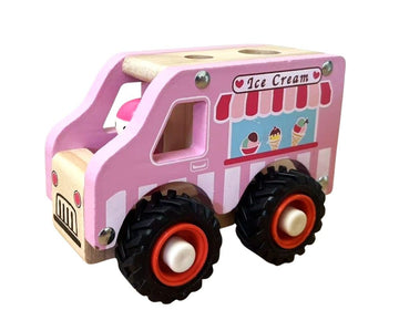 Pink wooden ice cream truck toy with chunky black wheels and colourful ice cream decals, designed for toddlers aged 18 months and up.