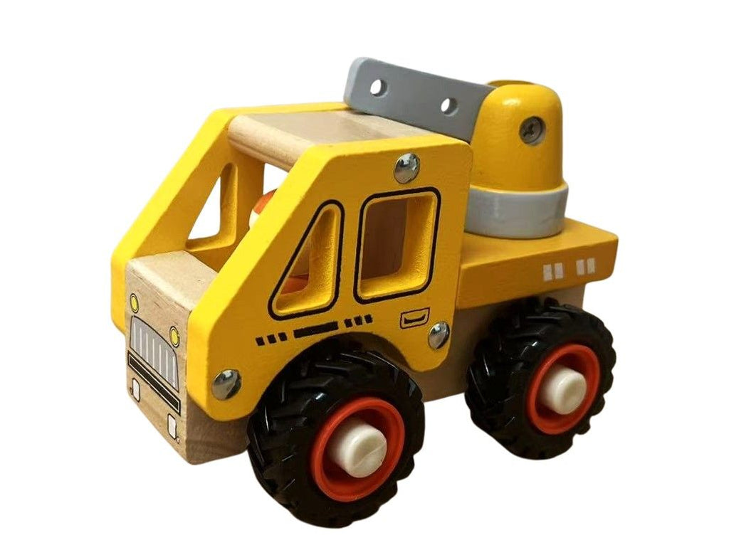 Yellow wooden crane truck toy with moving hook and chunky wheels, designed for toddlers aged 18 months and up.