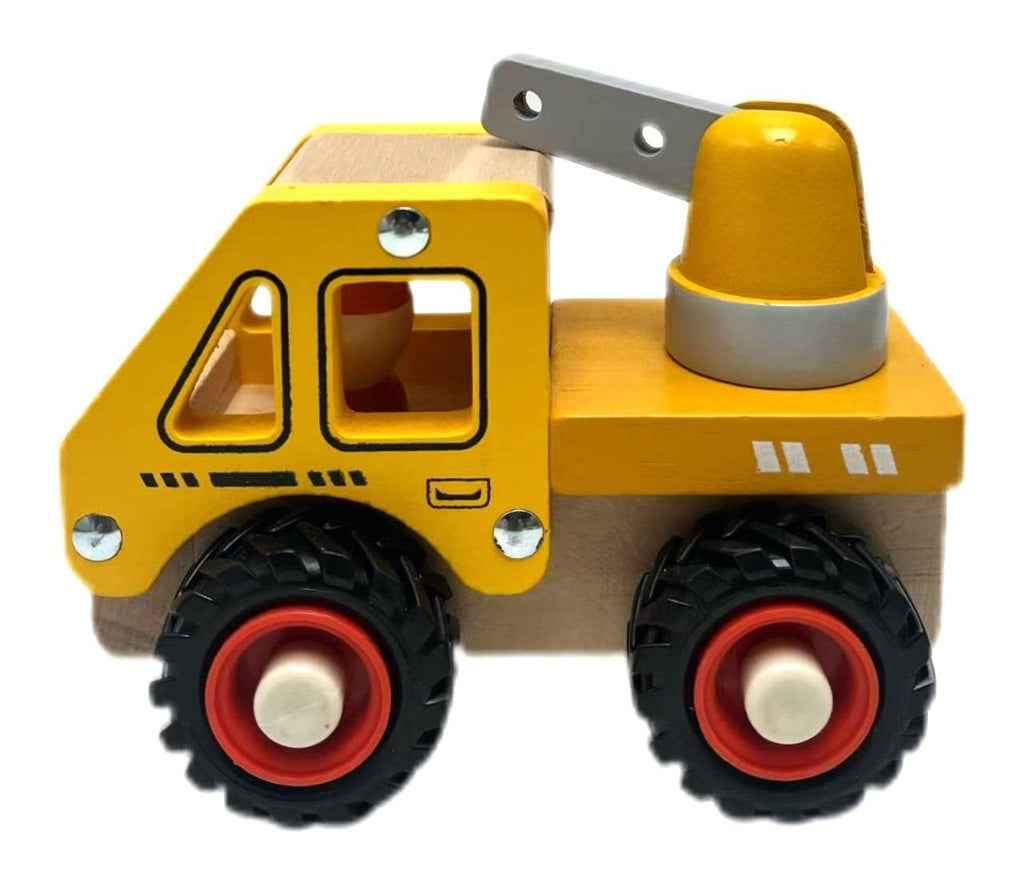 Toy bulldozer with a yellow body, black wheels with red centers, and a gray blade on a white background.