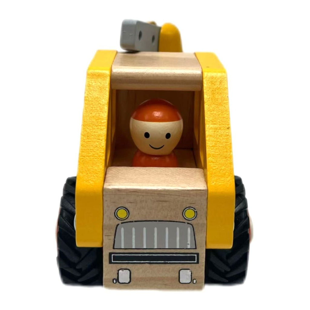 Wooden toy bulldozer with a smiling face figure on a white background