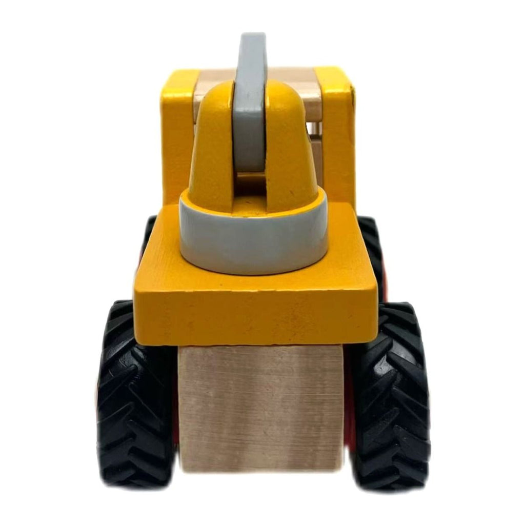 Toy bulldozer with yellow body, black wheels, and gray blade on a white background